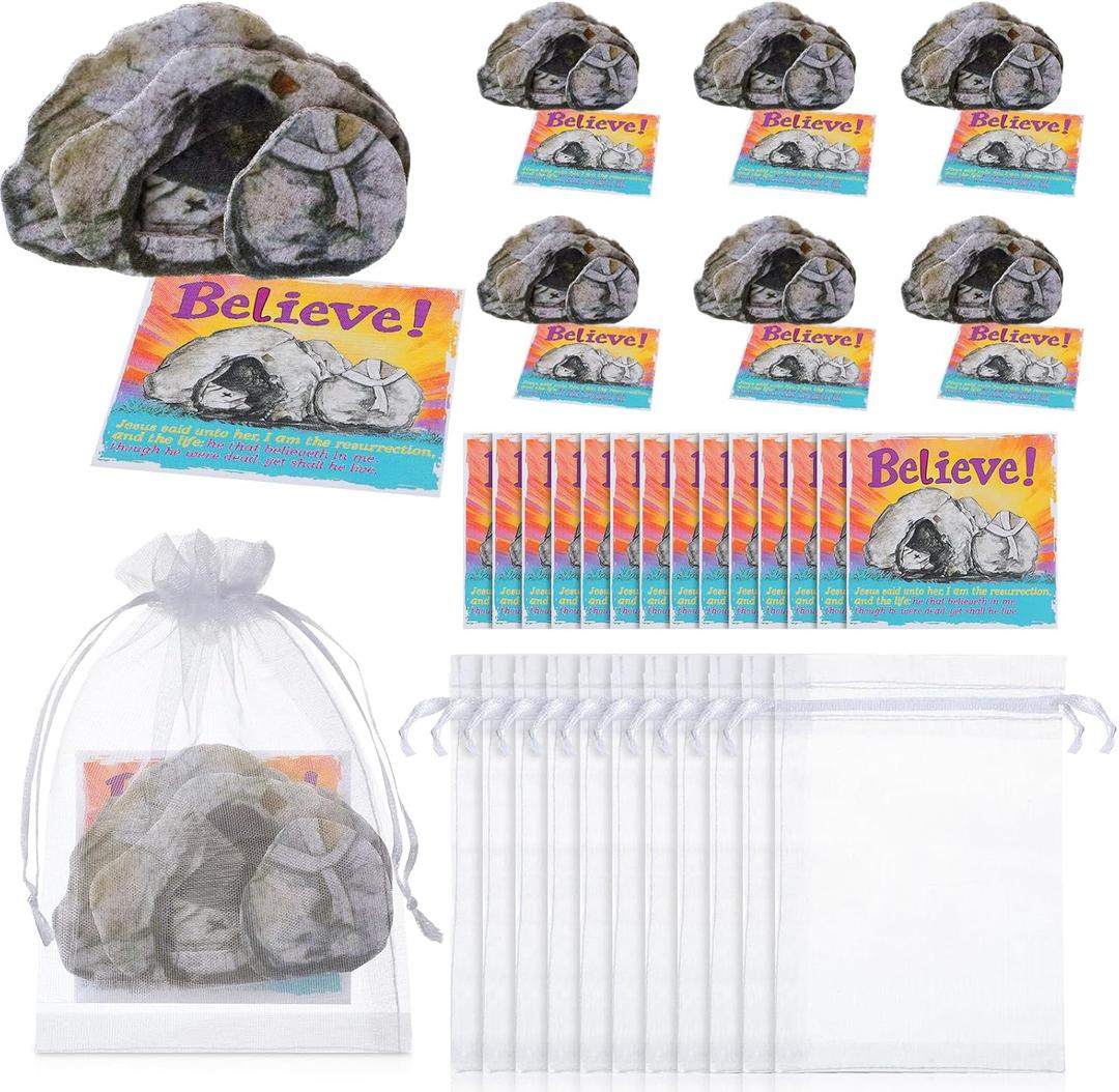 AmazingSpark 16 Set Easter Mini Empty Tomb Handouts with Cards Bags, Christian Easter Gifts Resurrection Scene Set for Church Gifts Prizes Basket Stuffers Religious Party Favor