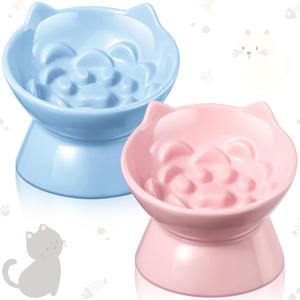 2 Pcs Ceramic Slow Feeder Raised Cat Bowl Elevated Cat Food Bowl for Dry Wet Food and Water Easy to Clean High Edge Pet for Small Dogs, Dishwasher Safe(Pink, Blue)