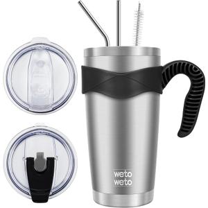 WETOWETO 20oz Tumbler with 2 lids and 2 straws, Stainless Steel Vacuum Insulated Water Coffee Tumbler with Handle, Double Wall Powder Coated Travel Mug Thermal Cup (Stainless, Pack of 1) WETOWETO 20oz Tumbler with 2 lids and 2 straws, Stainless Steel Vacuum Insulated Water Coffee Tumbler with Handle, Double Wall Powder Coated Travel Mug Thermal Cup (Stainless, Pack of 1)
