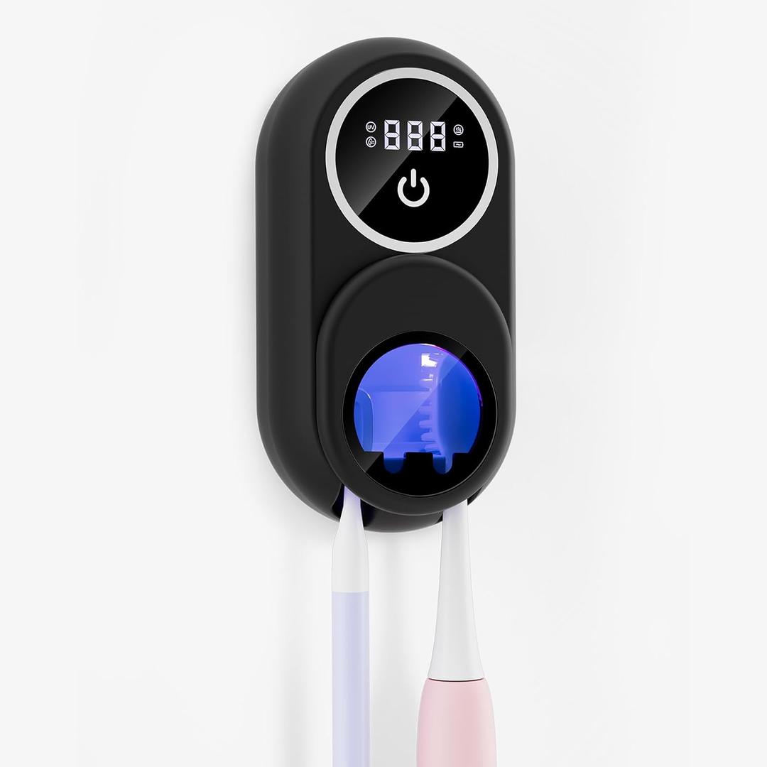 Toothbrush Holder & Toothbrush Cleaner, UV Toothbrush Sanitizer and Holder 2 Slots, Cleaning and Fan & Heat Drying, LED Smart Screen, Wall Mounted Tooth Brush Holder for Bathrooms (Black)