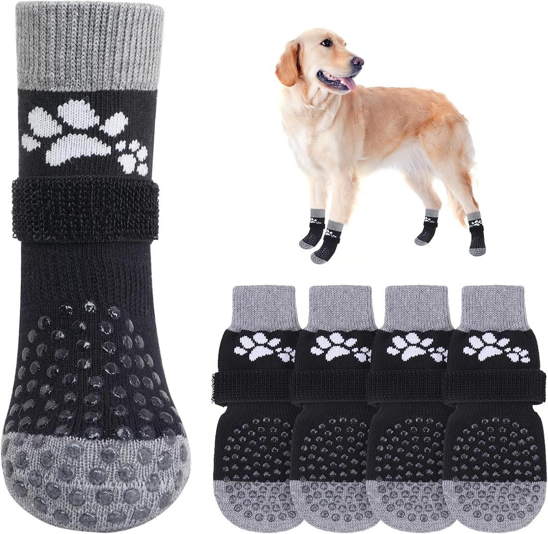 SCENEREAL Anti Slip Dog Sock to Prevent Licking Paws for Hardwood Floors, Boots & Paw Protector Shoes for Hot/Cold Pavement with Grippers, Double Sides Grips for Small Medium Large Senior Dogs, L (Two Paws(Pack of 6)-Black)