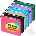 Extra Capacity Plastic Hanging File Folders, 12 Pack Reinforced Hang Folder, Heavy Duty 1 Inch Expansion, Filing Cabinet Folders Letter Size for Bulk Files/ Medical Charts (No Sealed, Assorted Colors)