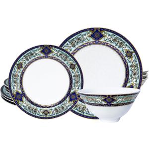 Fine Bone China Dinnerware Set for 4, 12-Piece Blue and White Porcelain Dinnerware Set (Blue C)