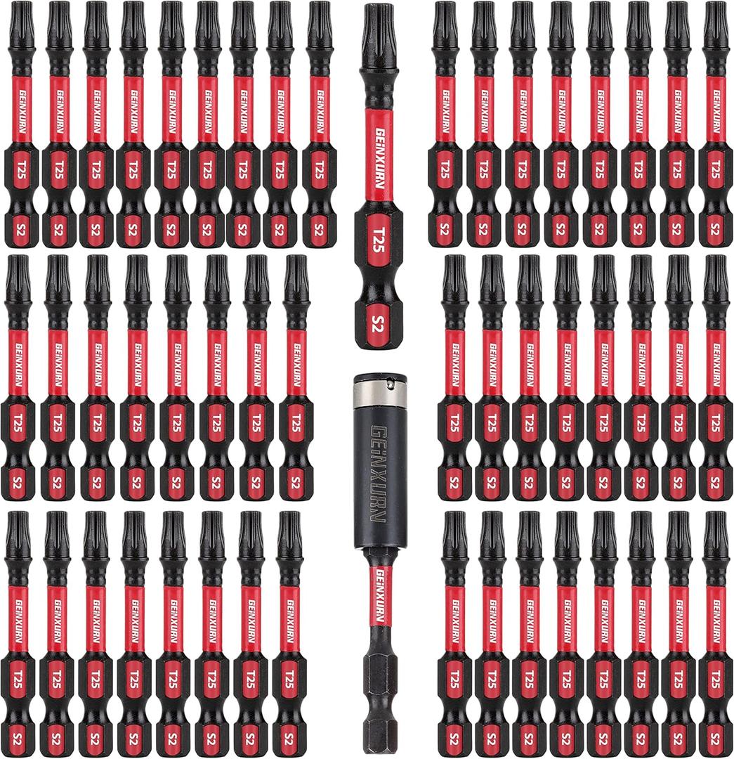50 Pieces T25 2 In. Impact Tough Magnetic #25 Torx Head Power Bits, S2 Alloy Steel T25 Screwdriver Bits Set with 1Pcs Impact Bit Holder