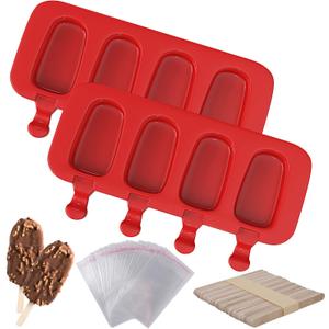 Ozera 2 Pack Popsicles Molds, Homemade Cake Pop Molds Cakesicle Molds Silicone Popcical Molds, 4 Cavities Ice Pop Cream Molds Maker with 50 Wooden Sticks & 50 Popsicle Bags for DIY Popsicles (Red)
