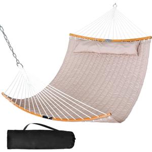 SUNCREAT 13.8 FT Hammocks Quilted Fabric Double Hammock with Detachable Curved Bamboo Spreader Bar and Soft Pillow, Max 450 lbs Capacity, Brown