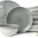 Pokini Gradient Green Stoneware Dinnerware Sets, 12 pcs Reactive Glaze Plates and Bowls Sets, Handmade Ceramic Round Dishes Set for 4, Highly Chip and Crack Resistant Modern Plate Set