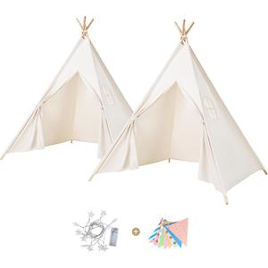 Sumbababy 2 Pack Teepee Tent for Kids Indoor Play Tent with Lights & Colorful Flags, Natural Canvas Sleepover Tents for Girls Party Washable & Foldable Slumber Party Tents