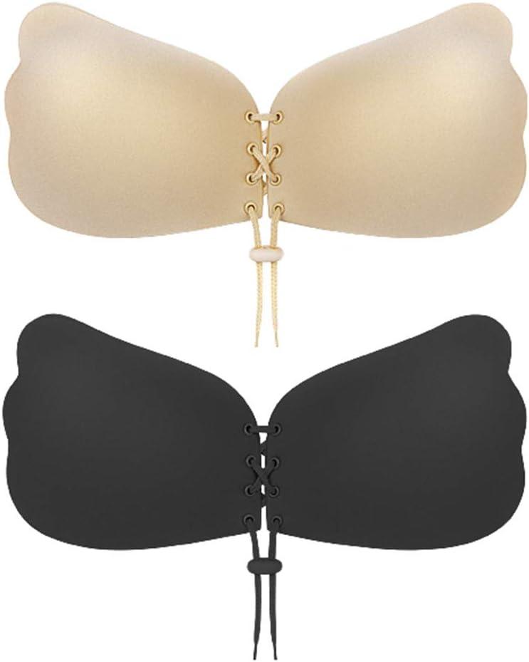 Strapless, Backless Adhesive Push Up Bra - 2 Pairs, Invisible Stick On Bra (Black and Nude), C