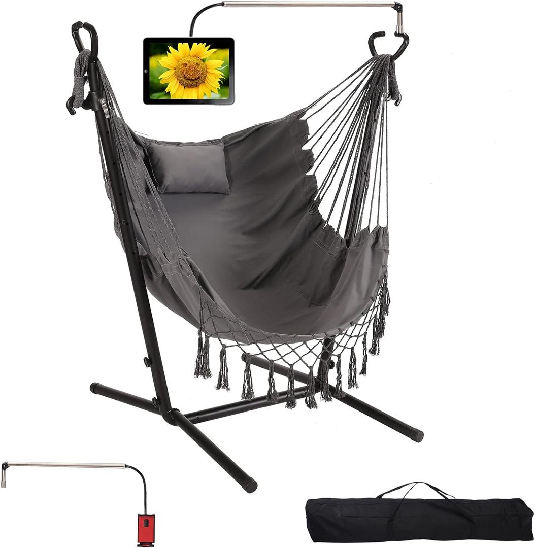 Hammock with Stand Phone Holder Included Double Hanging Chair Macrame Boho Handmade Adjustable Swing Indoor Outdoor Patio Yard Garden Porch 400lbs Capacity (2022 Grey)