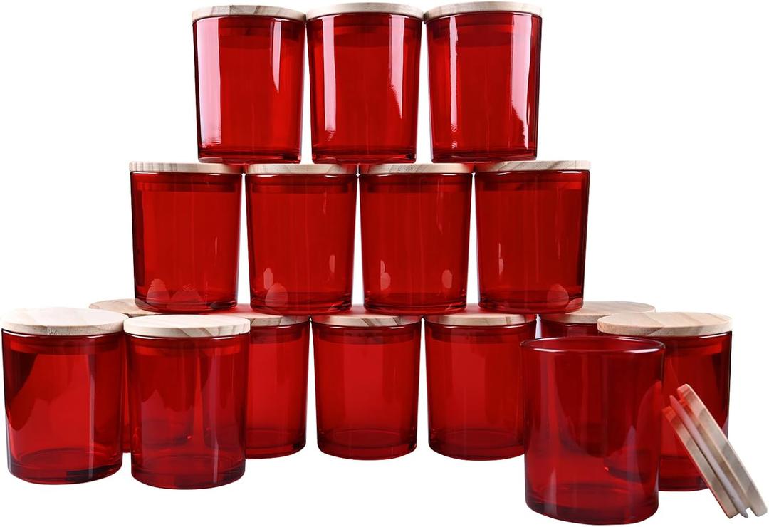 Thick Candle Jars for Making Candles 16 Pcs, 7 OZ Empty Jars with Wood Lids for Candle Making, Sample Container, Red