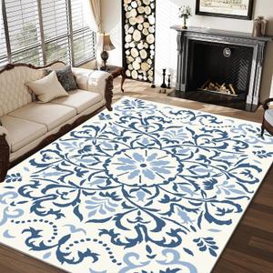 Blue Area Rugs for Living Room 8x10, Machine Washable Rugs Non Slip, Boho Vintage Indoor Carpet Mats for Home Decor