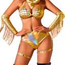 Cowgirl Outfits,Metallic Holographic Rave Outfit For Women Festival,4 Piece Sexy Fringe Halloween Costume (Small, Gold)