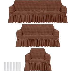 3 Pcs Sofa Slipcover Set for Couch Cushion Durable Washable High Elastic Stretchable Furniture Couch Covers with Skirt for Sofa Loveseat Arm Chair (Brown, Seersucker)