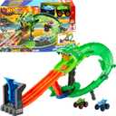 Hot Wheels Toy Monster Trucks, Sharks vs. Dinos Dragon Destruction Playset with 1:64 Scale Great Bite & Rageasaur, Race to Defeat The Cyborg Nemesis