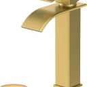 Rywuanku Tall Brushed Gold Bathroom Faucet Waterfall Spout, Single Handle Sink Faucet with Pop-up Drain & Deck Plate, Modern 1 Hole Vanity Faucet for Vessel Sink