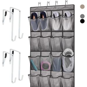 2 x HOME GENIE Over the Door Hanging Shoe Organizer, 24 Breathable Mesh Pockets, Closet Rack Storage Holder, Stay in Place Hooks Hang on Closets, Hanger Holds Up to 40 lbs for Shoes, Accessories, Gray (Pack of 1)