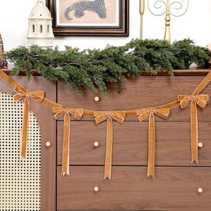 Giegxin 2 Pcs 13.2ft Christmas Velvet Bow Garland Ribbon Bow Garland Banner Bows Velvet Christmas Ornaments Reusable Vintage Bows Decoration for Xmas Tree Fireplace Staircase(Khaki)