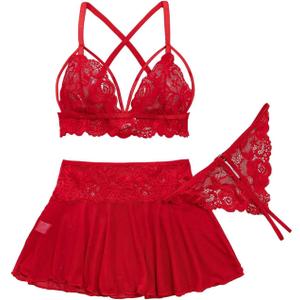 Sexy Mini Skirt with Thong Floral Lace Sheer Bralette Lingerie Set 3 Piece Otufits (Medium, Bright Red)