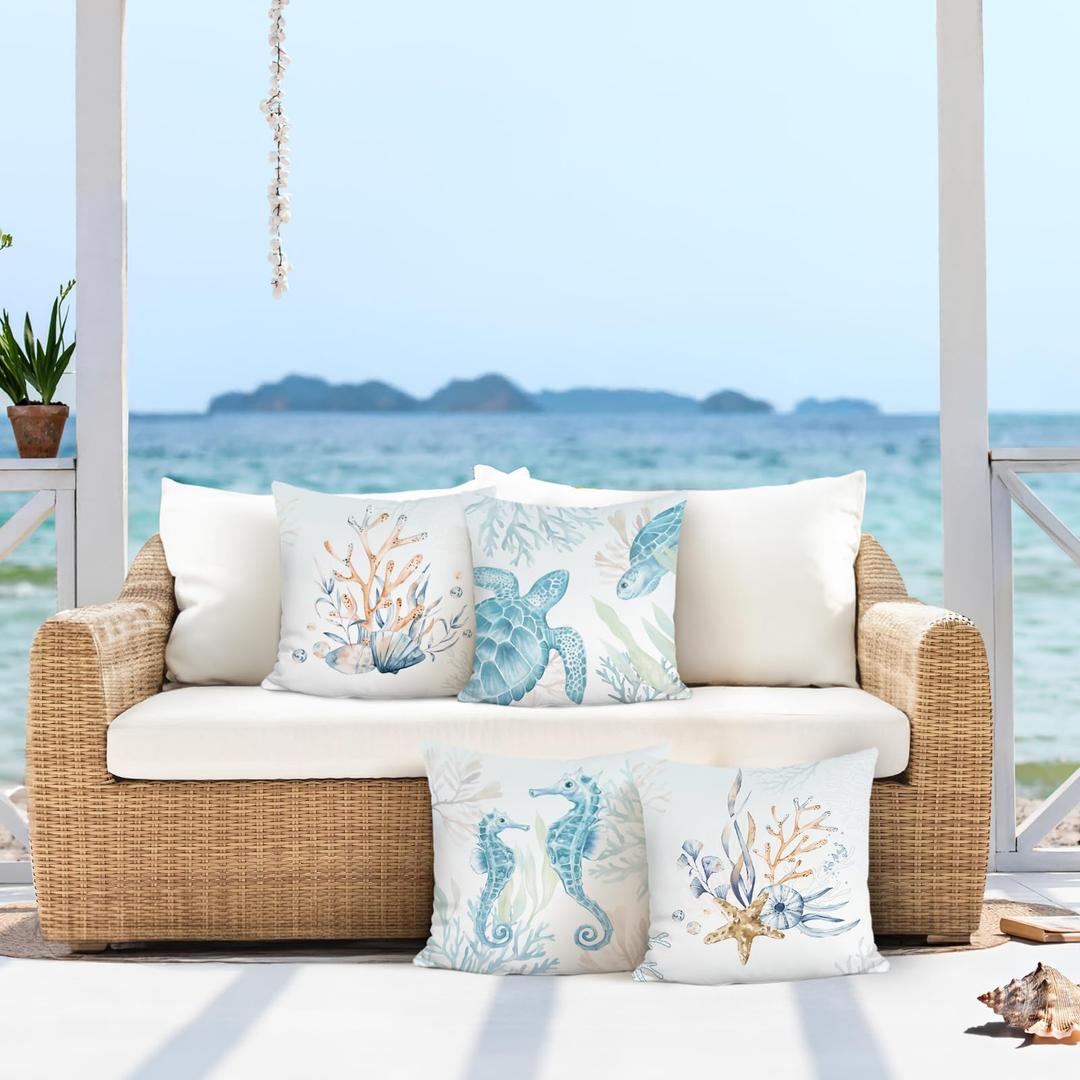 Blue Coastal Throw Pillow Covers, Summer Starfish Conch Sea Turtle Seahorse Velvety Decorative Pillowcases for Sofa Bed Home Patio Set of 4, 18 x 18 Inches (Ocean-3)