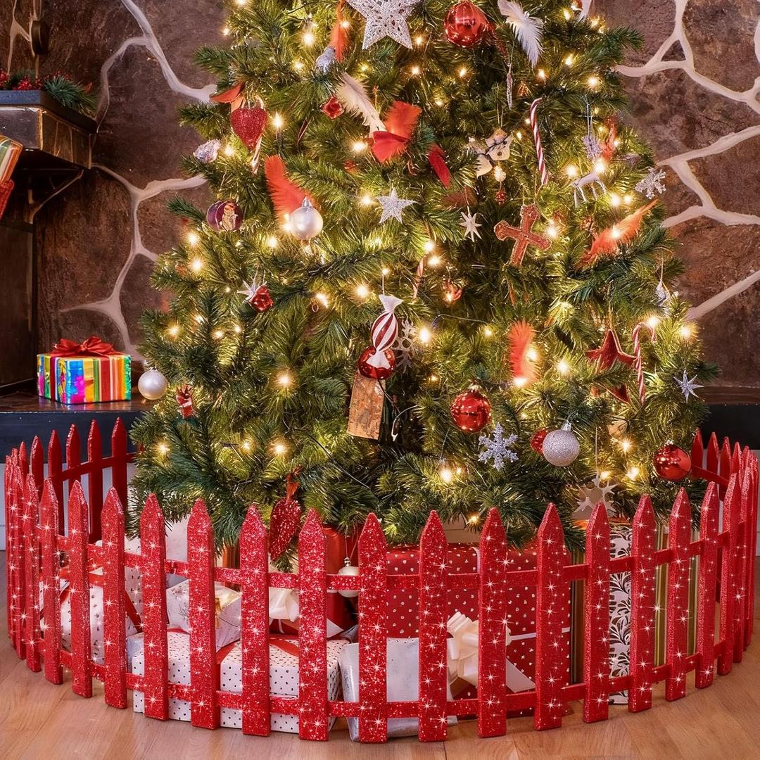 16 Pcs 11.81 Inches Tall Christmas Tree Fence Glitter Christmas Tree Gate Picket Protector from Cat Dog Small Thick Plastic Xmas Picket Fence for Xmas Wedding Holiday and Home Decor(Red)