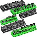 Magnetic Socket Organizer Holder Set For Tool Box Drawer, Toolbox Organization Including 1/4", 3/8" and 1/2" Drive Metric SAE Socket Trays (Sockets are not Included) (Green+Black)