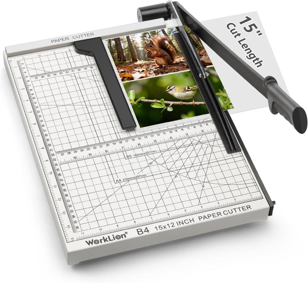 15 inch Guillotine Paper Cutter: Worklion Precision Paper Trimmer with Safety Lock,15 Sheet Capacity, Thickened Metal Based Cutting Board for Crafting Cardstock Photos Laminatedsheets in Class/Office