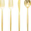 Rubtlamp 90Pcs Gold Plastic Silverware, Gold Disposable Utensils, Plastic Cutlery Include 30 Plastic Knives, 60 Forks and Spoons, Fancy Plastic Silverware Heavy Duty for Party, Wedding