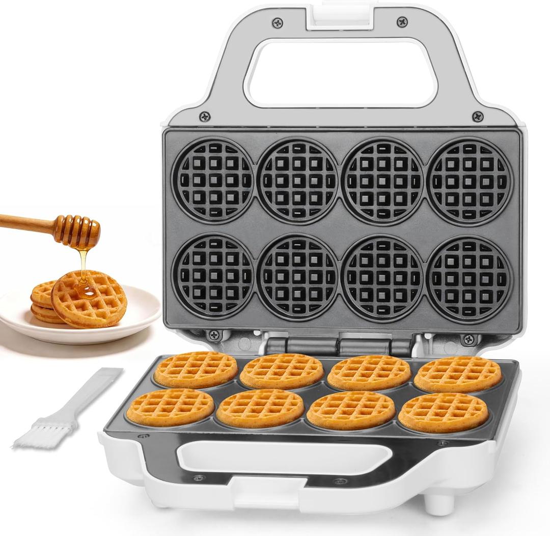 SugarWhisk Mini Waffle Maker Machine, Tiny Waffle Bites Iron for Kids, Bake 8 x 2'' Tiny Waffle Bites, Small Waffle Maker, Compact & Easy Use, Non Stick Surface, Recipe Included, White