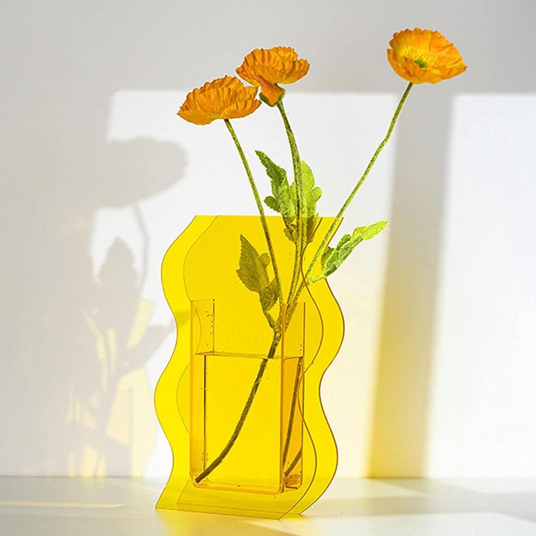 YalzoneMet Modern Acrylic Vase Geometric Wave Shape Yellow Desktop Decoration