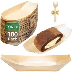 100-Pack Wooden Disposable Plates 7 IN Boat Plates Food Trays Disposable Dessert Plates Disposable Food Boats for Party Weddings Picnic (Actual Size Used: 3.94" D x 2.28" W x 0.79" H)