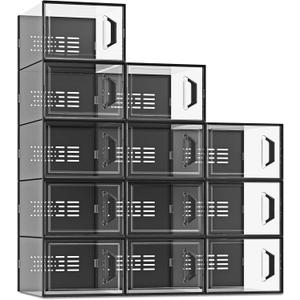 SEE SPRING XX-Large Shoe Storage Box Fit Size 13, Clear Plastic Stackable Shoe Organizer for Closet, Space Saving Sneaker Shoe Rack Containers Bins Holders for Entryway, Under Bed, 12 Pack Black (XX-Large Fit Size 13)