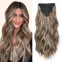 Clip in Hair Extensions for Women, Medium Brown with Ash Blonde, 20 Inch 6PCS Hairpieces Long Wavy Soft Thick Hair Extensions Clip ins