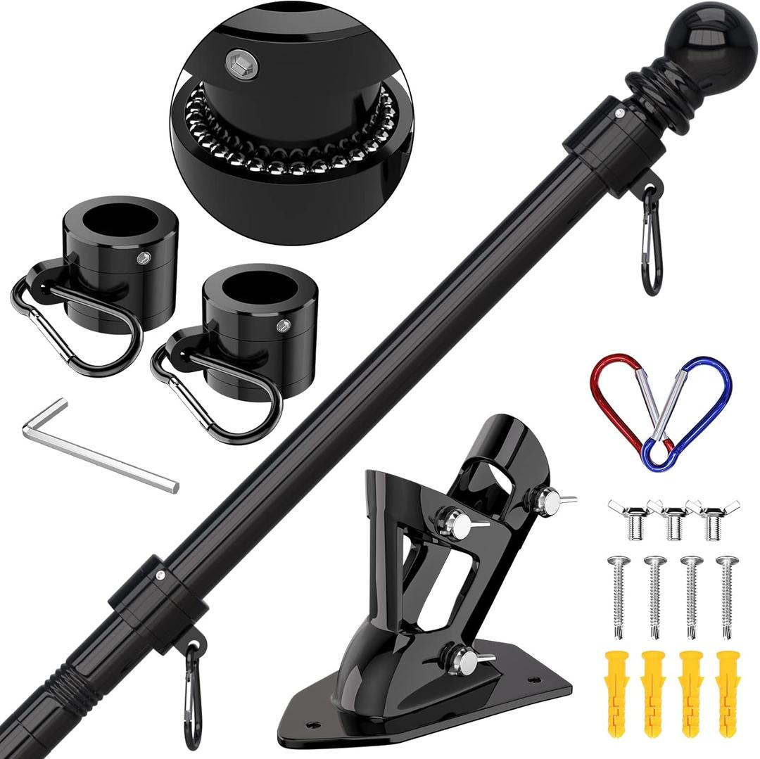 ZMTECH Flag Pole - Upgraded Bracket, 6 FT Stainless Steel Flag Poles for Outside House, Residential or Commercial, Tangle Free Flag Pole Kit for American Flag (Without Flag, Black)