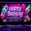 Neon Happy Birthday Banner Glow in The Dark Party Photography Backdrops Neon Happy Birthday Party Decoration Banner for Kids Boys Girls Photo Backdrop Photo Prop 71x43 In UV Blacklight