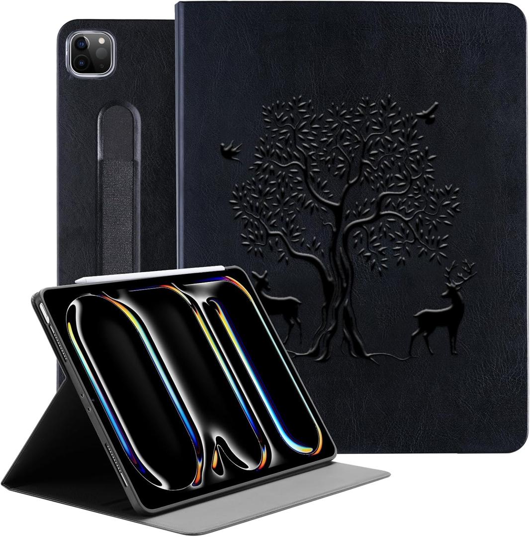 HFcoupe for iPad Pro M4 Case 13 inch 7th Gen 2024, Book Style iPad Pro case 13 in with Elastic Pencil Holder, Magnetic Closure, Embossing Print Cover Support Touch ID and Auto Wake/Sleep, Black