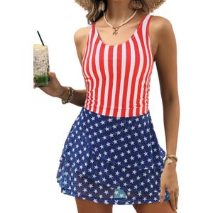 VIMPUNEC Women One Piece Swim Dress Swimsuit Tummy Control Modest Swim Skirt Bathing Suit (Large, American Flag 4)