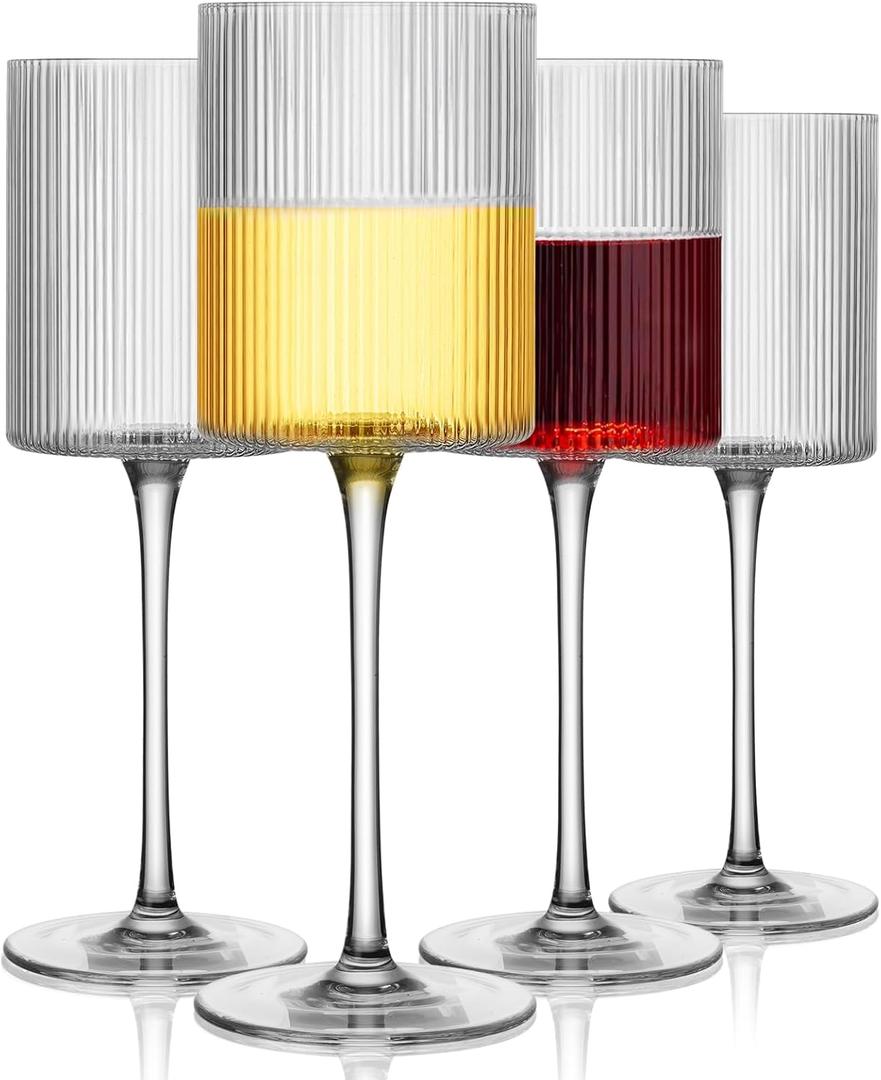 Ribbed Square Wine Glasses Set of 4, Vintage 13Oz White Red Wine Glass, Hand Blown Crystal Wine Glasses - Gifts for Women, Men, Wedding, Anniversary, Christmas, Birthday