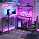 Bestier Gaming Desk 51" L-Shaped, with Power Outlets & LED Lights- 4 Tier Shelves, Reversible Gamer Table with Hooks & Cup Holder for Home Office Carbon Fiber Black (51 Inch)