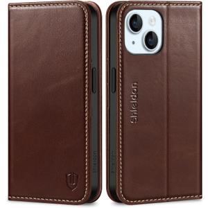 SHIELDON Case for iPhone 15 5G 2023, Genuine Leather Folio Wallet Magnetic Kickstand RFID Blocking Card Slots Shock-Absorbent Phone Cover Compatible with iPhone 15 (6.1 Inch) - Retro Coffee