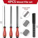 4PCS Wood Rasp File Set, 8-Inch, High-Strength Carbon steel, Flat/Half-Round/Round Wood file with Handle, Wire Brush, For Woodworking