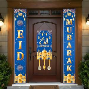 Eid Mubarak Porch Banner, 3Pcs Eid Door Sign Decorations for Home, Blue and Gold Muslim Ramadan Banners for Front Door, Indoor & Outdoor Decor