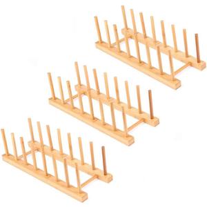 Bamboo Wood Dish Rack, 3 Pack Plate Rack Stand Pot Lid Holder, Bowl Cup Book Pot Lid Cutting Board Drying Rack Stand Drainer Storage Organizer Kitchen Cabinet