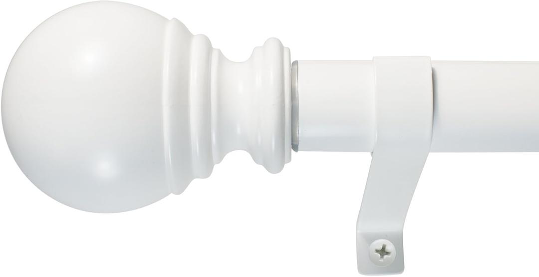 Decopolitan Ball Single Telescoping Drapery Rod Set, 36-72-Inches, White
