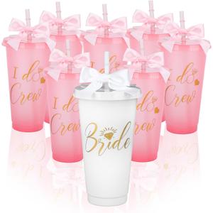 8 Pcs Bridesmaid Cups with Lids and StrawsWedding Tumbler Bridesmaid Gifts, Bride Cup Bachelorette Party Accessories, Plastic Travel Mug for Bridal Party Gifts Bachelorette Party Favors(Pink White)