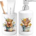 FYSUIMU Highland Cow Bathroom Toothbrush Holder Set Watercolor Rustic Cow Wildflower Ceramic Soap Dispenser with Tooth Brush Organizer for Modern Countertop Decor Set