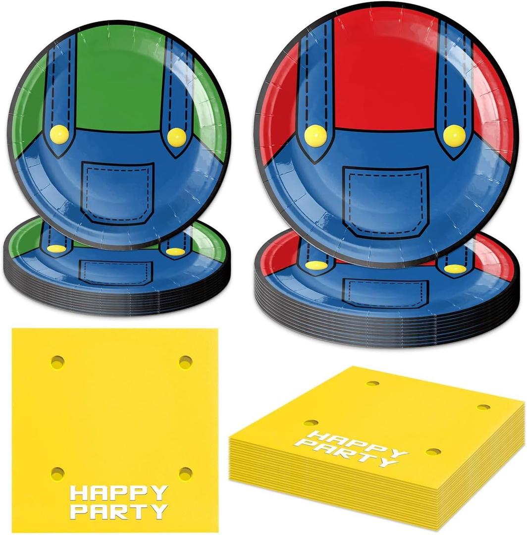 40pcs Super Game Birthday Party Decorations Brother Themed Party Supplies Dinner Plates Dessert Plates Napkins Set for Baby Shower