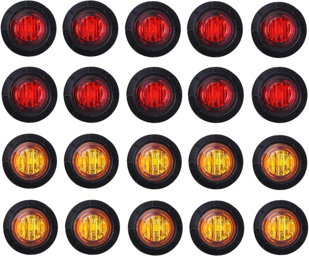 TMH 3/4 Inch Mount 10 pcs Amber + 10 pcs Red LED Clearance Bullet Side LED Marker Lights for Trailer Truck RV Car Bus Van (Pack of 20)
