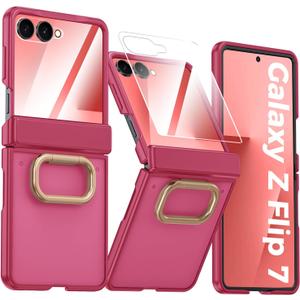 Vizvera for Samsung Galaxy Z Flip 7 Case with Ring Holder[Slim Design][Screen Protector][Hinge Protection] Translucent Matte Shockproof Protective Phone Case for Galaxy Z Flip 7(Ring Magenta)