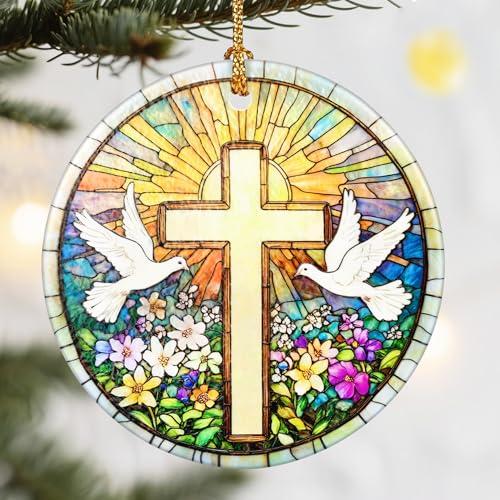 Christmas Ornaments, Dodosky 2.8in Ceramic Cross Ornament, Xmas Decor, Christmas Tree Ornaments, Xmas Decorations for Tree, Holiday Ornament, Cross Gift for Religious, Christian Gift, Faith Home Decor